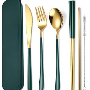 Portable Stainless Steel Travel Utensil Set - Green Golden