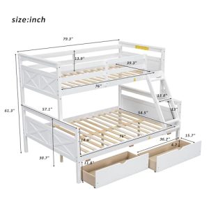 White Solid Wood Twin/Full Bunk Bed with Storage Drawers