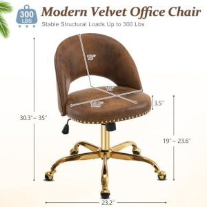 VINGLI Velvet Office Chair – Gold Base, Armless Swivel