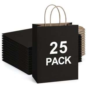 25-Pack Black Kraft Paper Gift Bags with Handles, Medium