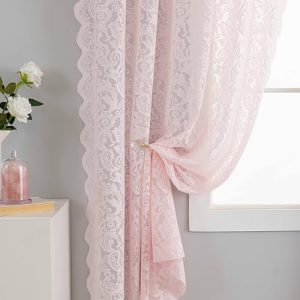 ALIGOGO Pink Cafe Curtains - Boho Floral Lace Short Sheer