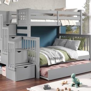 Gray Twin Over Full Stairway Bunk Bed w/ Trundle