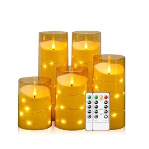 Gold Flameless Candles with Embedded Star String (Set of 5)