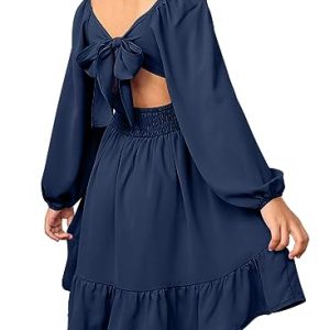 Blibean Girls’ Fall Boho Back Tie Dress: Marine Blue Teen Outfit
