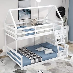 White Twin Over Full Floor House Bunk Bed for Kids