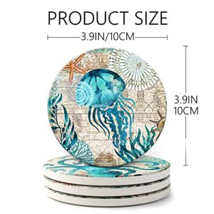 Absorbent Stone Coaster Set of 8 with Holder – Beach Theme