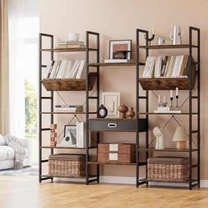 NUMENN Triple Wide 5-Tier Bookshelf – Storage Drawer