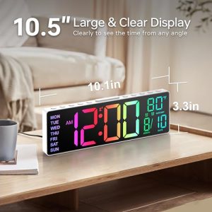 JALL 10.5” Large Digital RGB Alarm Clock – Desk & Wall