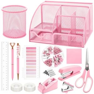 11 Pcs Pink Office Supplies Set - Mesh Desk Organizer Kit