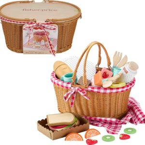 Fisher-Price Wooden Picnic Basket – 31-Piece Play Food Set