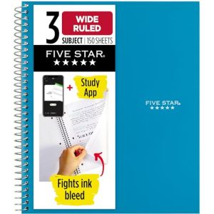 Five Star 3-Subject Wide Ruled Notebook + Study App