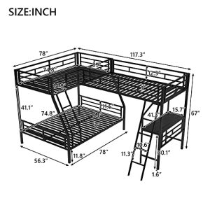 L-Shaped Twin/Full Triple Bunk Bed w/ Desk & Storage