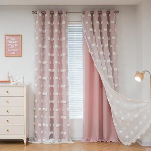 MYSKY HOME Pink Blackout Curtains - Pom Pom Sheer Overlay