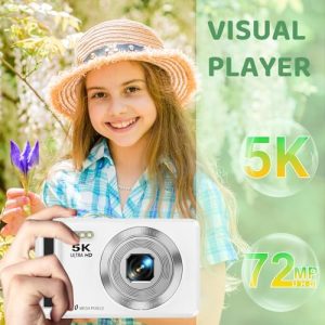5K 72MP Digital Camera for Kids – Point & Shoot, 16X Zoom