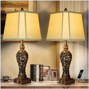 Farmhouse Vintage Table Lamp Set (2) with USB Ports