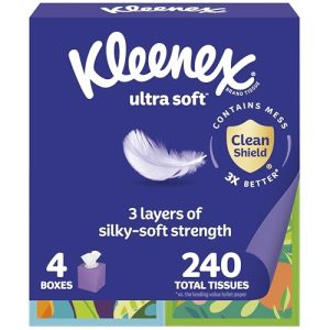 Kleenex Ultra Soft Tissues – 4 Cube Boxes, 3-Ply (240 Count)