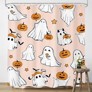 Halloween Shower Curtain: Cartoon Ghost & Pumpkin Design