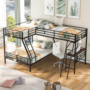 L-Shaped Twin/Full Triple Bunk Bed w/ Desk & Storage