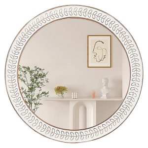 26" Round White Wood Carved Frame Wall Mirror