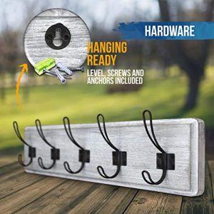 HBCY Rustic Whitewash 24″ Coat Rack – 5 Pine Wood Hooks