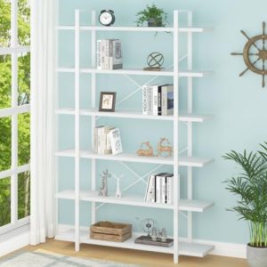 HSH 6-Tier Tall White Bookshelf – Industrial Modern Storage
