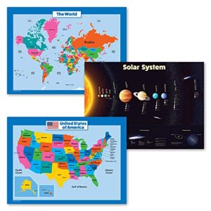Kids Laminated USA World Solar System Map Set