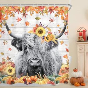 Fall Farmhouse Highland Cow Shower Curtain - Rustic Bathroom Decor