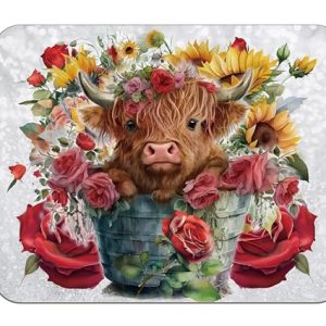 OFlich Highland Cow Mouse Pad – Rose Floral Design