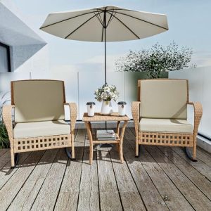 Patio Rattan Rocking Chairs Set - 3 Piece Outdoor Furniture