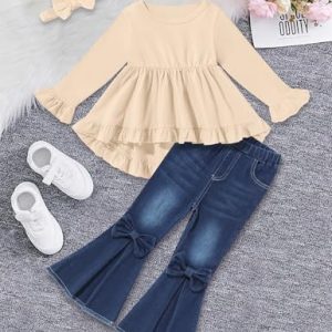 Girls Ruffle Top, Denim Bell Bottoms 3-Piece Outfit