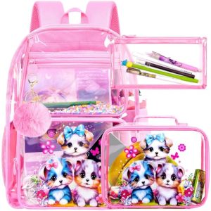 Cute Pink Dog Clear Backpack Set for Girls - 3PCS