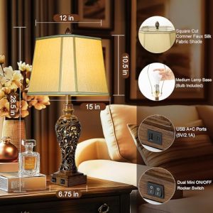 Farmhouse Vintage Table Lamp Set (2) with USB Ports