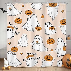 Halloween Shower Curtain: Cartoon Ghost & Pumpkin Design
