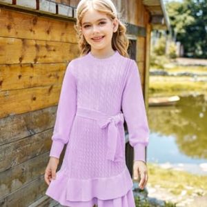 Girls Purple Knitted Long Sleeve Fall Holiday Dress 6-7