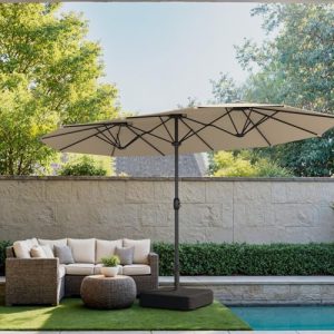 Benass 15ft Double-Sided Patio Umbrella w/Base – Brown