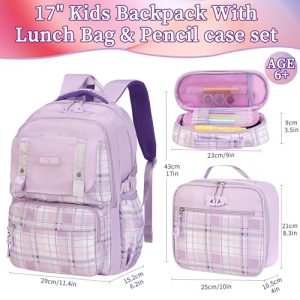 Girls Purple Grid School Backpack Set – Bookbag & Lunch Box