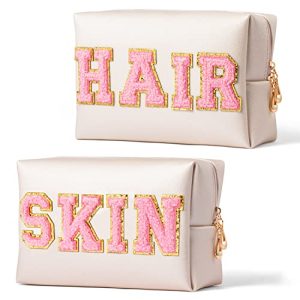 2PC Preppy Patch Cosmetic Bag Set - Pink Letter
