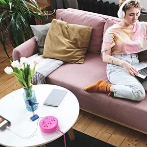 Pink 25ft Flat Plug Power Strip with USB Ports