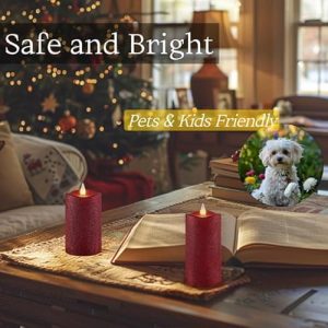 CozierGlow Glitter-Red Flameless Pillar Candles (Set of 2)