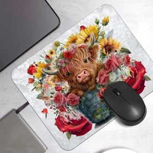 OFlich Highland Cow Mouse Pad – Rose Floral Design