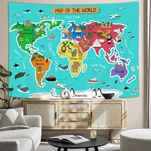 Kids Cartoon Animal World Map Tapestry 40×30