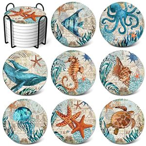 Absorbent Stone Coaster Set of 8 with Holder - Beach Theme