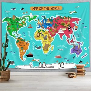 Kids Cartoon Animal World Map Tapestry 40x30