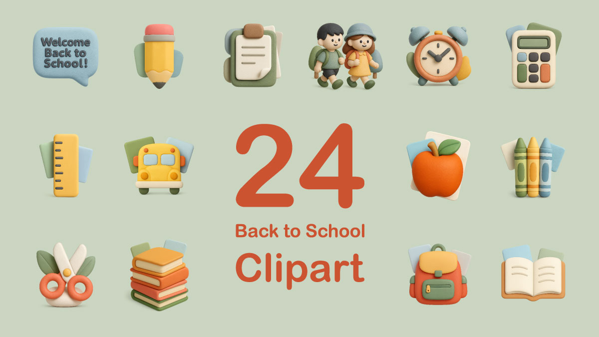Collection of 24 cute 3D back-to-school clipart icons, including school bus, backpack, books, apple, crayons, scissors, ruler, pencil, alarm clock, students, and more, arranged on a soft green background