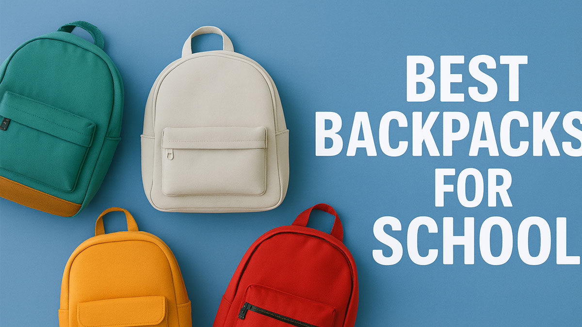 Flat lay of four stylish school backpacks arranged on a blue background with bold text 'Best Backpacks for School' for a blog post header