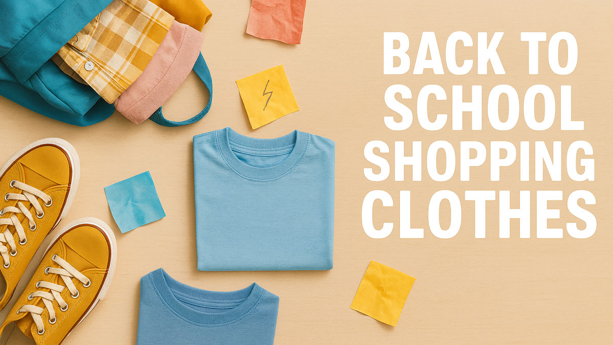 Flat lay of colorful back-to-school clothing items including sneakers, folded shirts, and accessories, arranged on a light wooden background with text “Back to School Shopping Clothes."