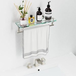 KOCOK 16-Inch Brushed Nickel Floating Glass Shelf with Towel Bar