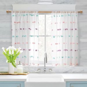 MYSKY HOME Rainbow Pom Pom White Boho Curtains (2 Pcs)