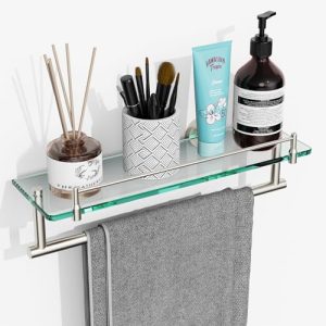KOCOK 16-Inch Brushed Nickel Floating Glass Shelf with Towel Bar