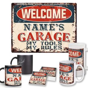 Custom 'Name's Garage' Chic Rustic Vintage Sign & Coaster